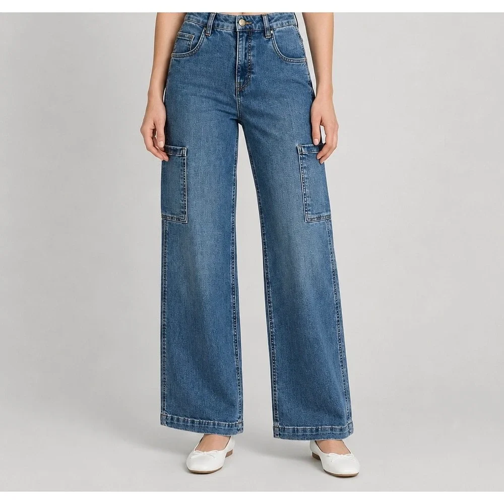 Kut from the Kloth Jodi‎ Fab Ab Wide Leg Jeans Womens 2 Blue Cargo Streetwea